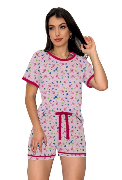 Pijama Feminino Manga Curta e Short Flamingos - HARM Pijamas